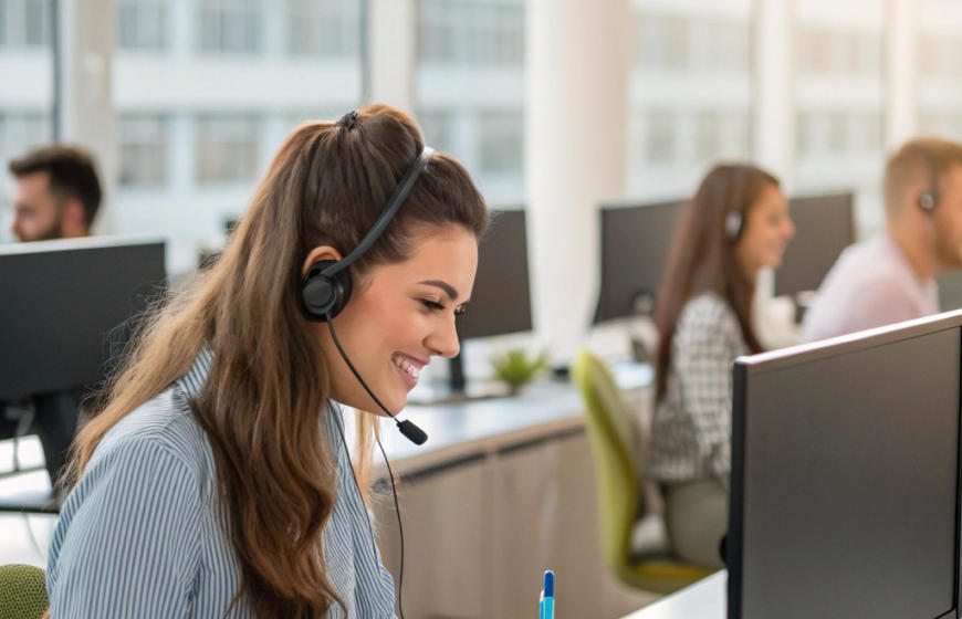 девушка с гарнитурой за монитором