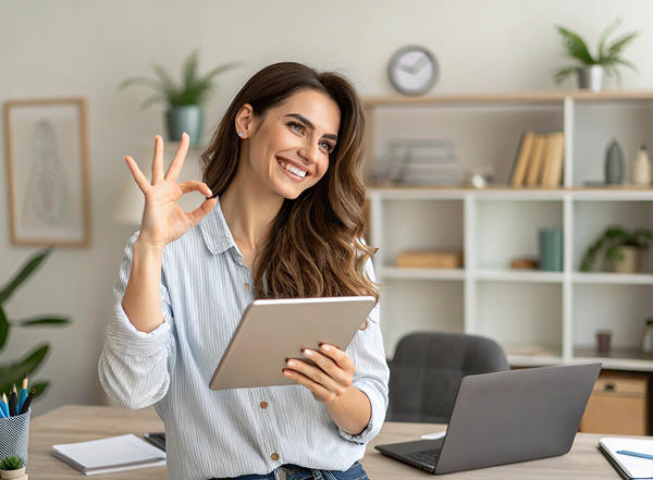 женщина с планшетом показывает ОК